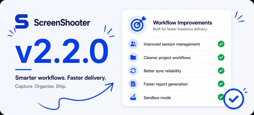 A hero flag celebrating v2.2.0 of ScreenShooter including stability improvements, improved cli and new sandboxed mode. 