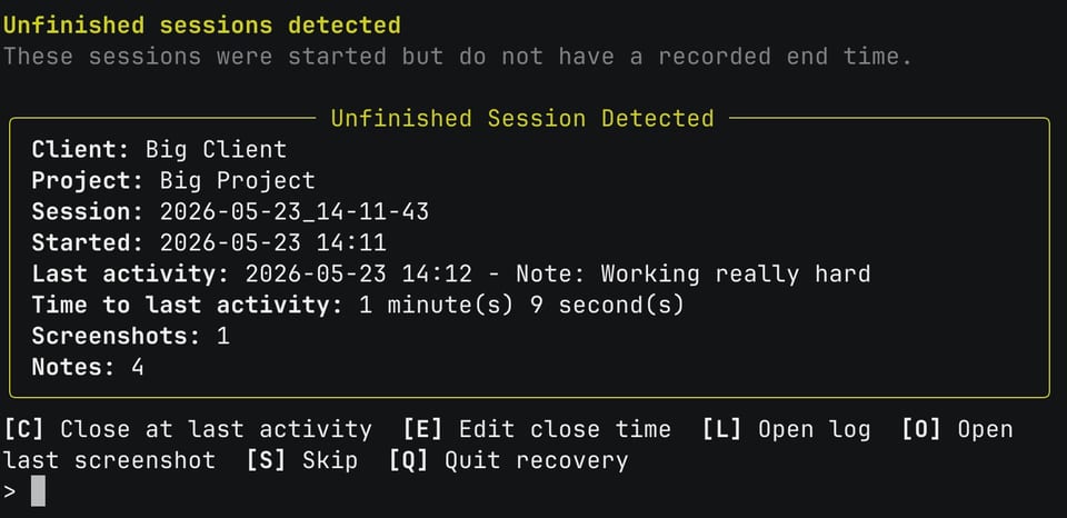 A screenshot of the session recovery prompt after a terminal crash asking the user if they want to close out the session so their time is accurately recorded
