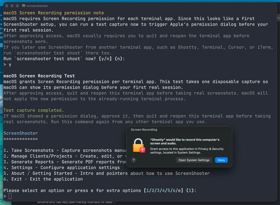 Showing the macOS permissions prompt now built into ScreenShooter after database initialisation