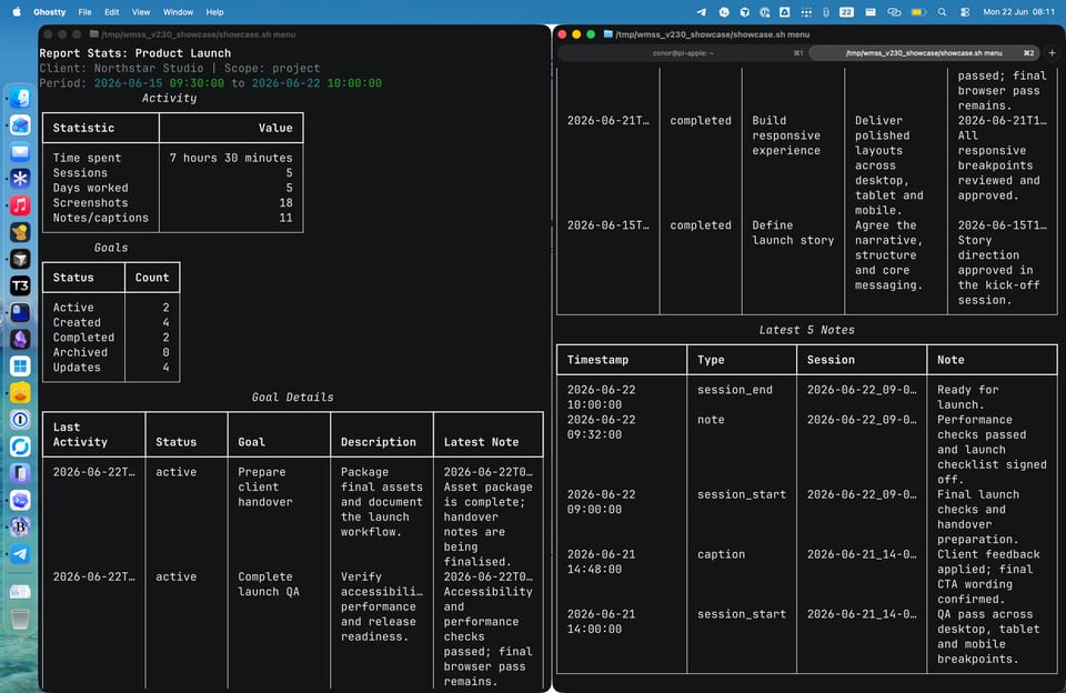 Example project stats print out in terminal showing notes, screenshots and goals