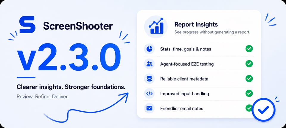 ScreenShooter v2.3.0 release highlights, featuring report insights, agent-focused testing, and reliability improvements.